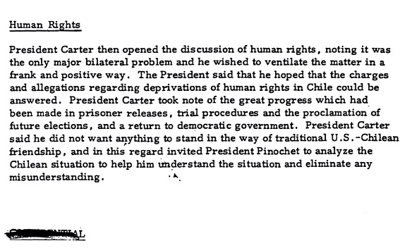President Carter/President Pinochet Bilateral, Memorandum of Conversation