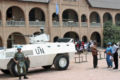 United Nations Organization Mission in the Democratic Republic of the Congo (MONUC) peacekeepers guard St. Anne Polling Station and Press Center in Kinshasa. The people of the Democratic Republic of the Congo went to the polls for the first time in more t