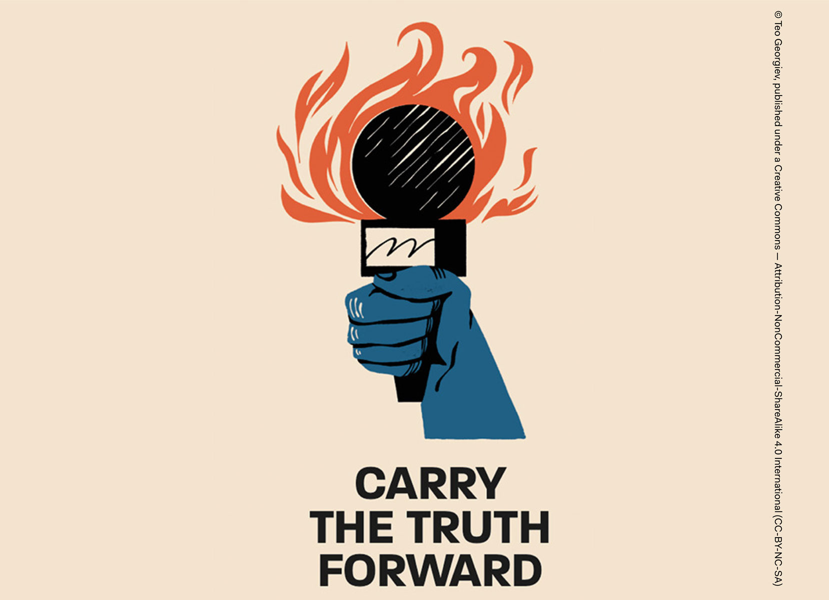 A microphone on fire with the sentence "carry the truth forward"