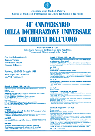 Locandina del convegno di studi in occasione del 40° anniversario della Dichiarazione Universale dei Diritti dell'Uomo, Padova, 1988