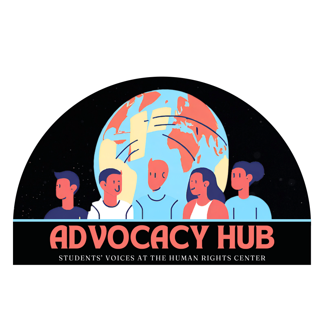 Logo di Advocacy Hub, 5 persone davanti alla terra con la scritta Advocacy Hub - Students' Voices at the Human Rights Centre