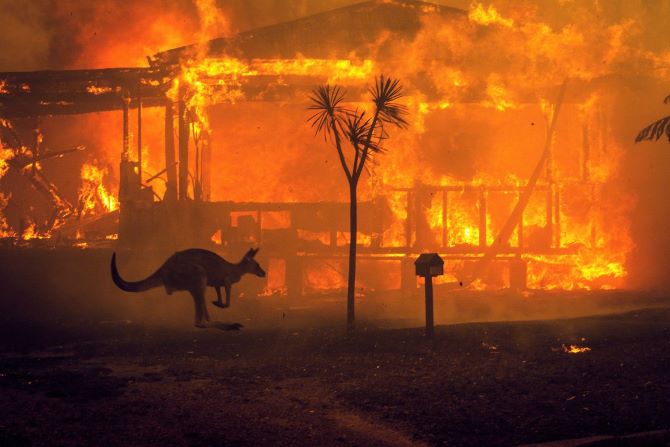 A kangaroo rushes past a burning house in Lake Conjola on Dec. 31, 2019
