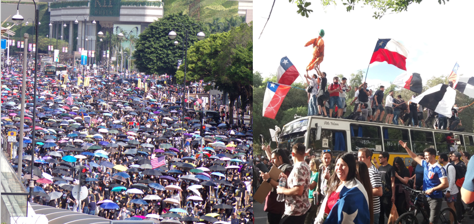On the left a photo of a protest in Hong Kong, on the right a photo of a protest in Chile, both in 2019