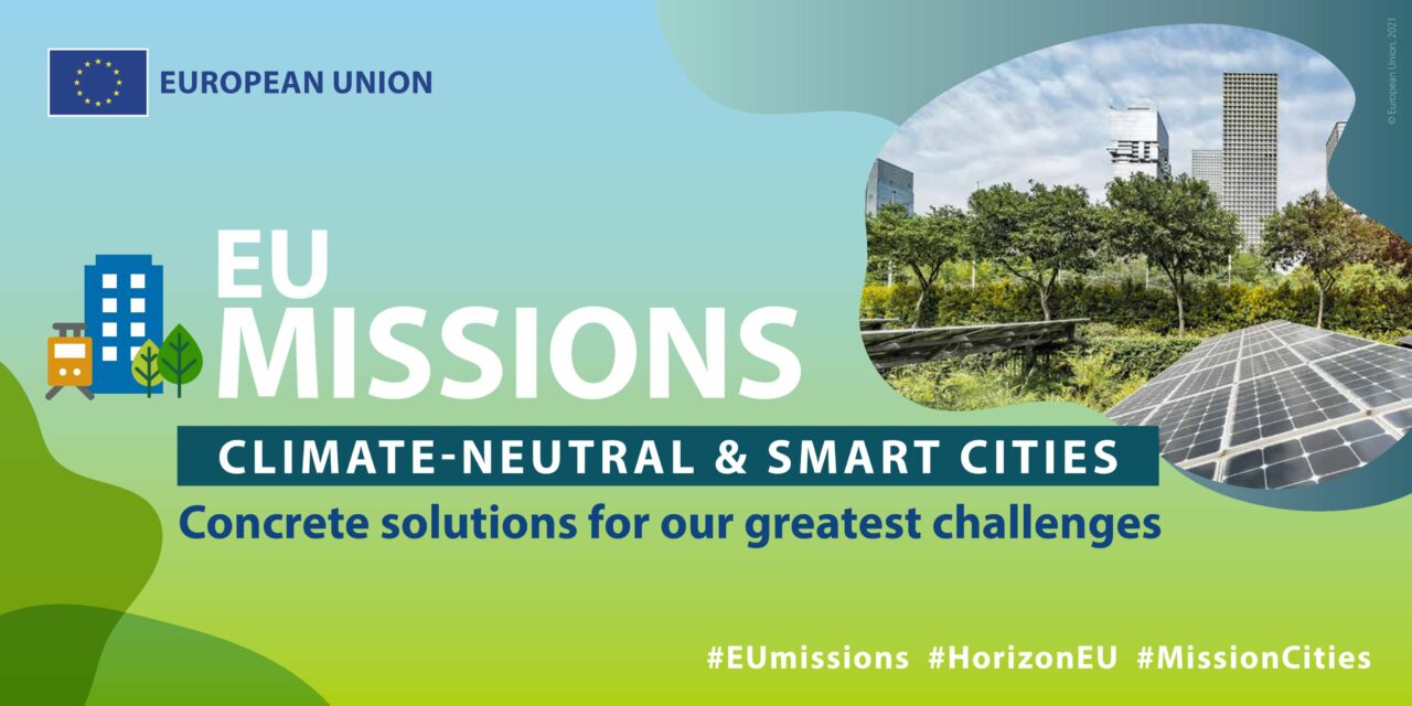 Poster della EU Mission Cities in colori azzurro e verde