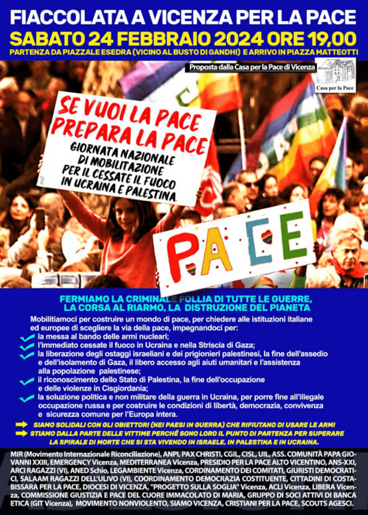 Vicenza: Fiaccolata per la pace, sabato 24 febbraio 2024