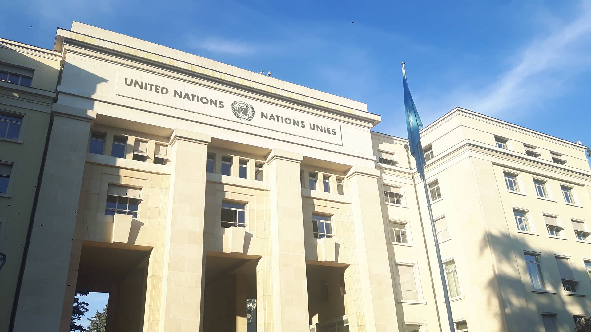 Palais des Nations with the UN flag