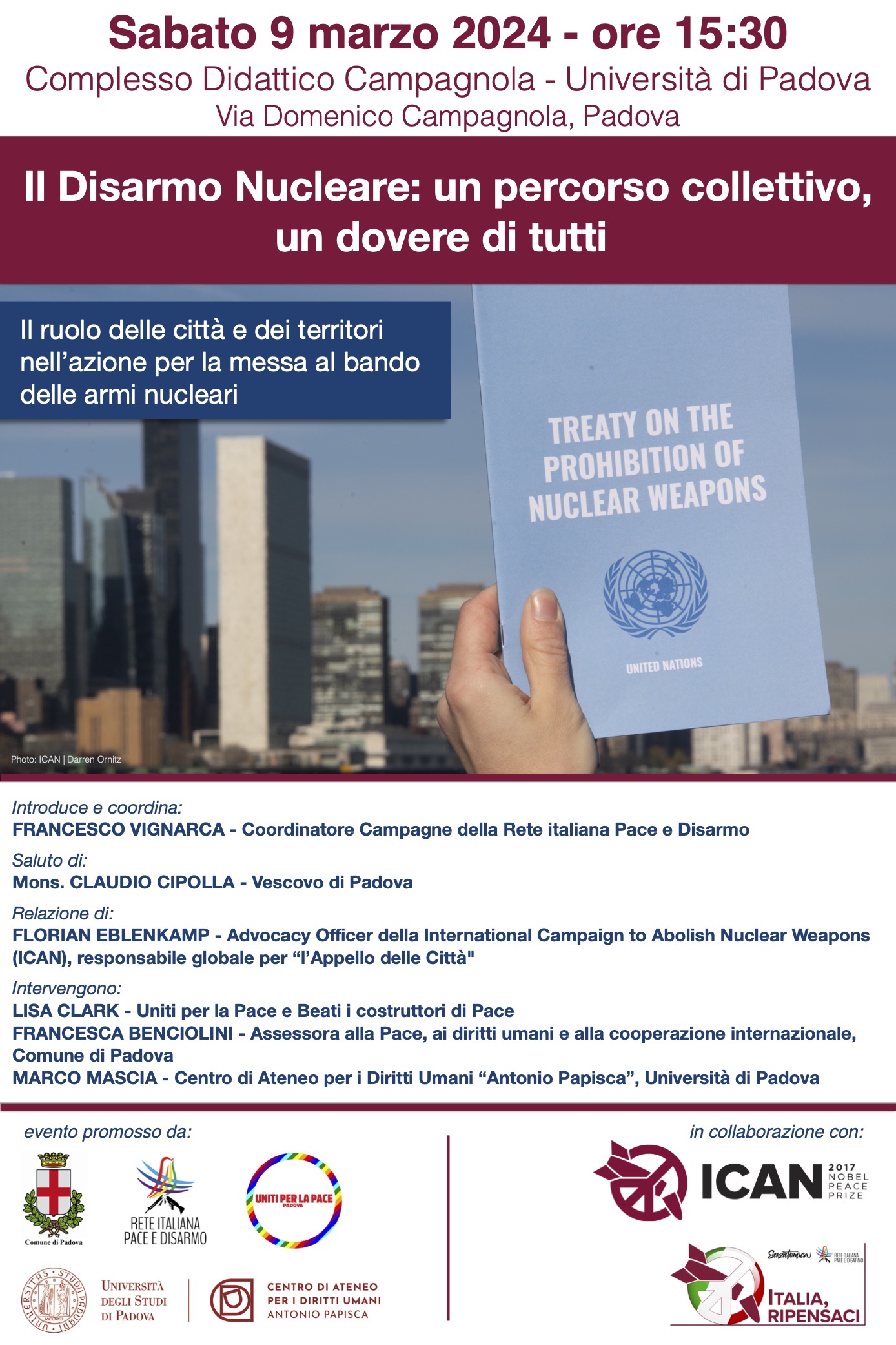 Locandina dell'evento Il Disarmo Nucleare: un percorso collettivo, un dovere di tutti, Padova, 9 marzo 2024 
