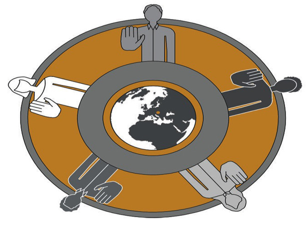 Logo con un mondo al centro e 5 uomini intorno.