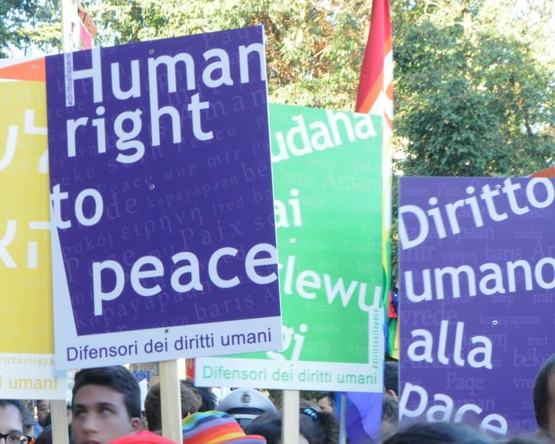 50 studenti e volontari in servizio civile dell’Università di Padova portano 28 cartelli con la scritta “Diritto umano alla pace” in 28 lingue diverse, alla Marcia per la Pace Perugia-Assisi 2014.