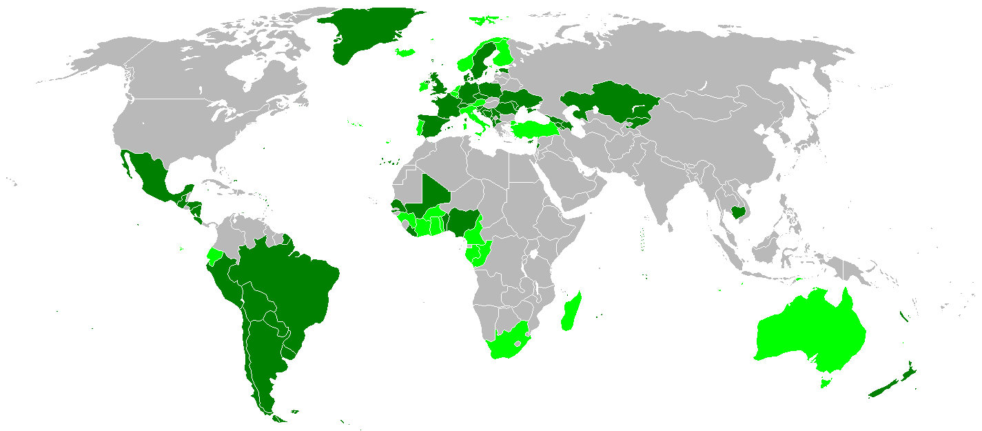 Planisfero politico: in verde scuro gli stati che hanno sottoscritto e ratificato l'OPCAT, in verde chiaro gli stati che hanno sottoscritto ma non ratificato l'OPCAT