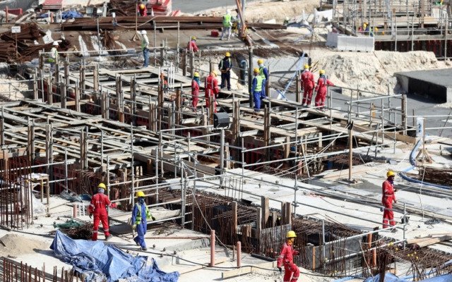 Workers are seen during a tour at the construction site of the Al Bayt Stadium and the workers accommodation on January 9, 2017 in Doha, Qatar.