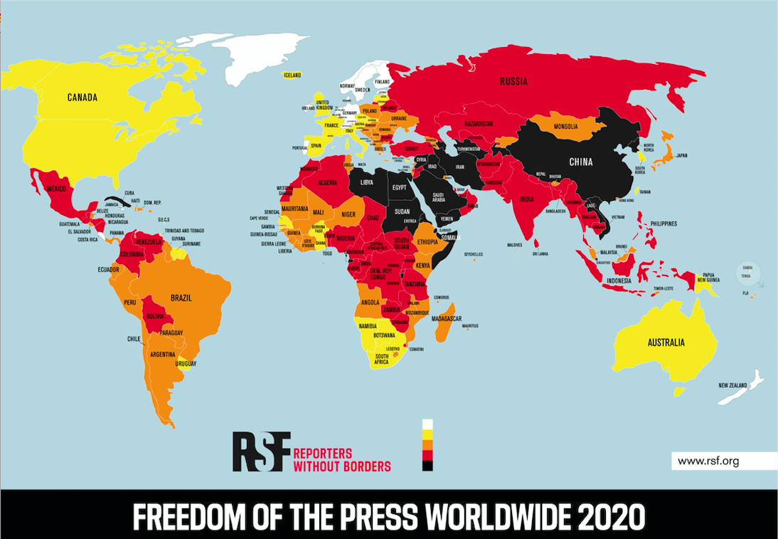 I primi dieci paesi per la libertà di stampa nel 2020 sono: Norvegia, Finlandia, Danimarca, Svezia, Paesi Bassi, Giamaica, Costa Rica, Svizzera, Nuova Zelanda e Portogallo. Gli ultimi dieci sono: Cuba, Laos, Iran, Siria, Vietnam, Gibuti, Cina, Eritrea, Turkmenistan, Corea del Nord.