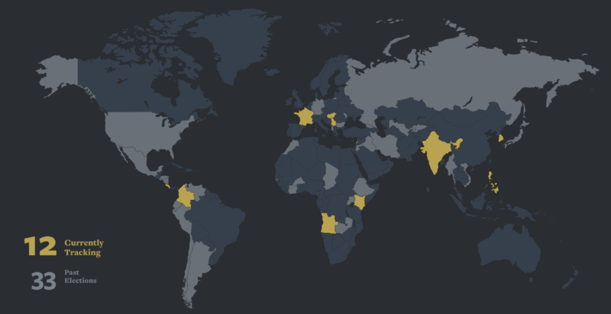 Mappa del mondo con evidenziati di vari colori i paesi per tenere d'occhio l'intersezione delle elezioni, piattaforme Internet e diritti umani.