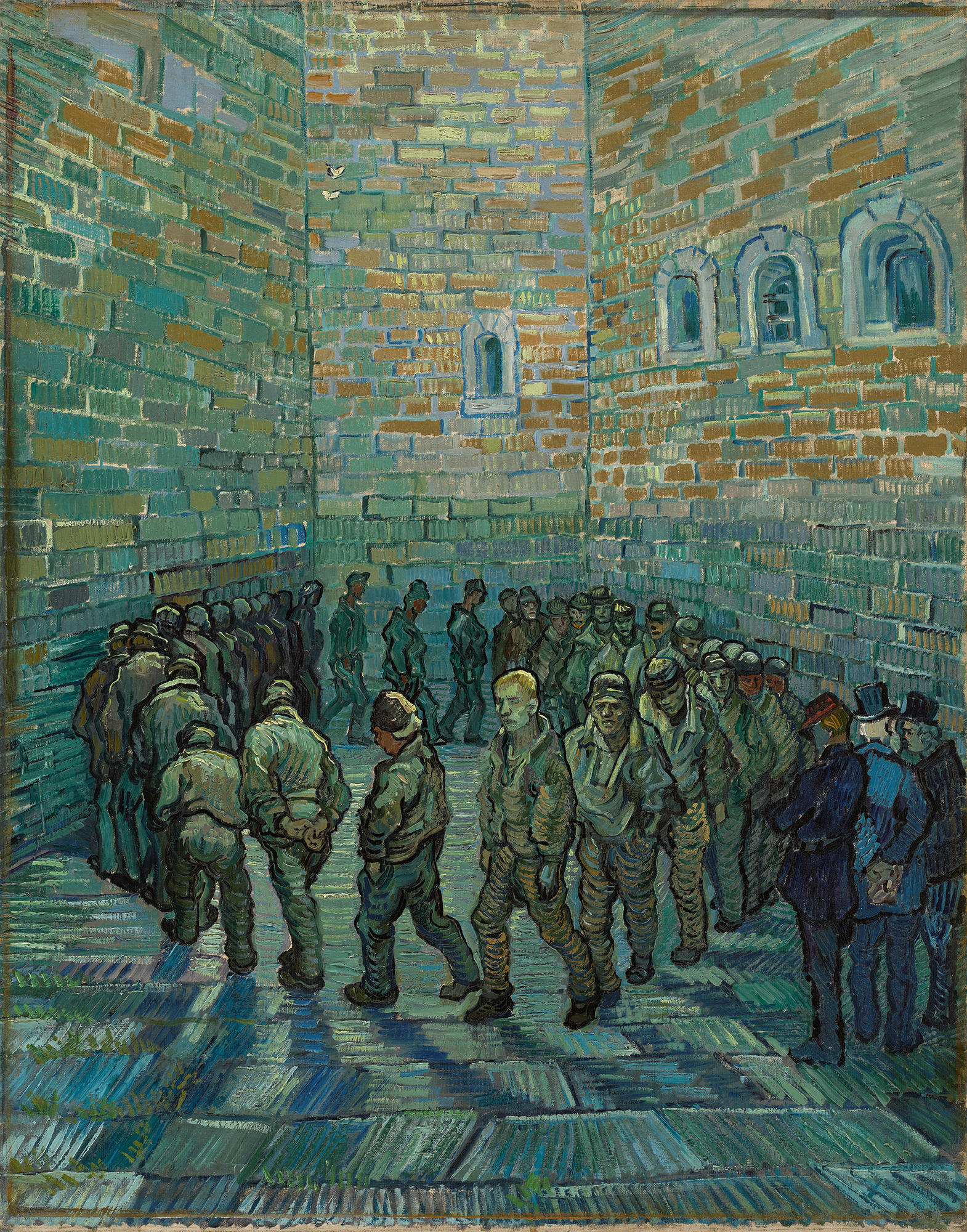 Il dipinto raffigura un gruppo di prigionieri che camminano in cerchio intorno a un claustrofobico cortile della prigione, circondato da muri di mattoni con alcune piccole finestre ad arco in alto.