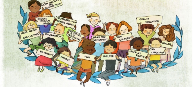 disegno di bambini con cartelli con scritti i loro diritti