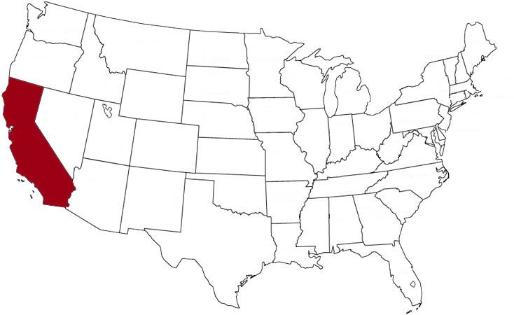 La California evidenziata nella mappa degli Stati Uniti
