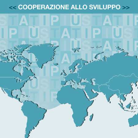 A globe map, above the picture the word "cooperazione allo sviluppo" (development cooperation) stands for the active role of the Region of Veneto on cooperation and international solidarity