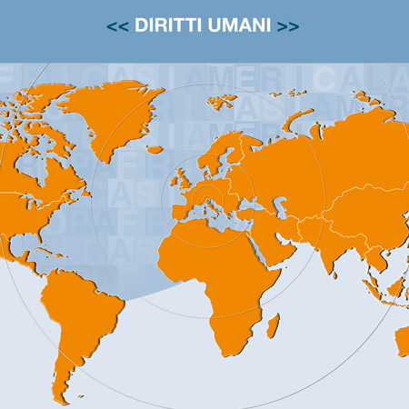 A globe map with concentrical circles starting from the Veneto, above the picture the word "diritti umani" (human rights) stands for the active role of the Region of Veneto on promoting human rights and peace culture