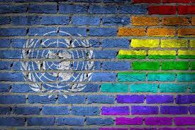 Immagine stilizzata del logo delle Nazioni Unite e della bandiera LGBT su un muro di mattoni