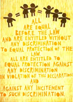 Poster con disegno e testo dell'art. 7 della dichiarazione universale dei diritti umani
