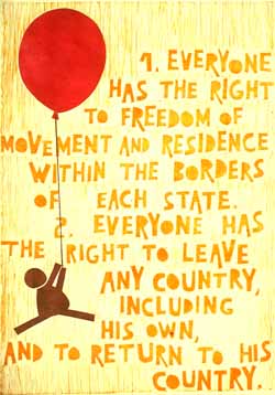 Poster con disegno e testo dell'art. 13 della Dichiarazione universale dei diritti umani.