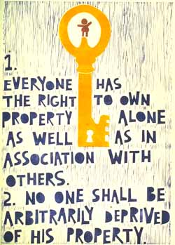 Poster con disegno e testo dell'art. 17 della Dichiarazione universale dei diritti umani.
