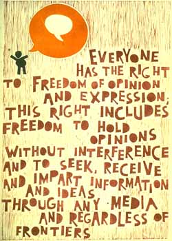 Poster con disegno e testo dell'art. 19 della Dichiarazione universale dei diritti umani.