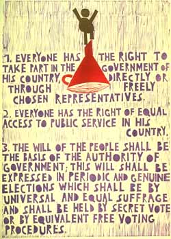 Poster con disegno e testo dell'art. 21 della Dichiarazione universale dei diritti umani.
