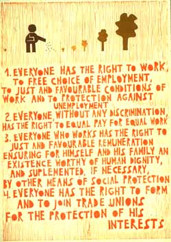 Poster con disegno e testo dell'art. 23 della Dichiarazione universale dei diritti umani.