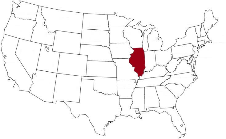 L'Illinois evidenziato nella mappa degli Stati Uniti