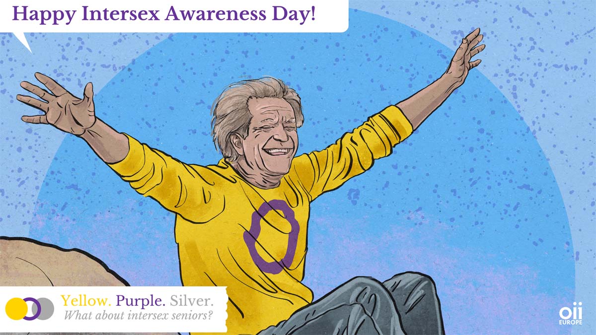Drawing of an elderly intersex person with peace symbol hands shouting "happy intersex day!"