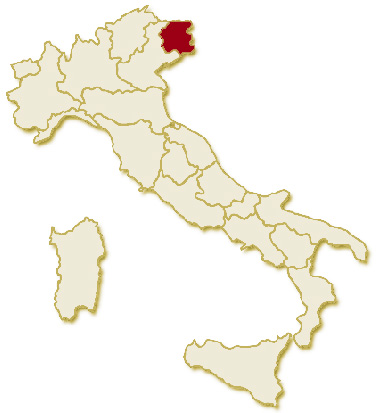 Carta geografica politica dell'Italia, suddivisa con i confini delle 20 regioni, su sfondo chiaro con evidenziata in rosso l'area del territorio della Regione Friuli Venezia Giulia.