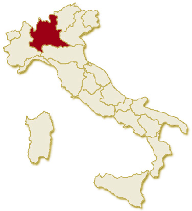 Carta geografica politica dell'Italia, suddivisa con i confini delle 20 regioni, su sfondo chiaro con evidenziata in rosso l'area del territorio della Regione Lombardia.