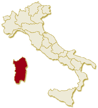Carta geografica politica dell'Italia, suddivisa con i confini delle 20 regioni, su sfondo chiaro con evidenziata in rosso l'area del territorio della Regione Sardegna.