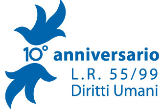 The outline of two doves characterize the logo commemorating the tenth anniversary of the "Legge Regionale" 55/1999, which calls for regional assistance in the promotion of human rights, a culture of peace, cooperation in its development, and solidarity.