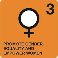 Logo del terzo degli Obiettivi ONU di Sviluppo del Millennio, Promuovere l'equità di genere e rafforzare il ruolo della donna; raffigura il simbolo di venere stilizzato su sfondo arancione.