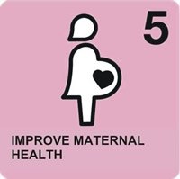 Logo del quinto degli Obiettivi ONU di Sviluppo del Millennio, Migliorare la salute riproduttiva; rappresenta la figura di una donna incinta stilizzata sfondo rosa.