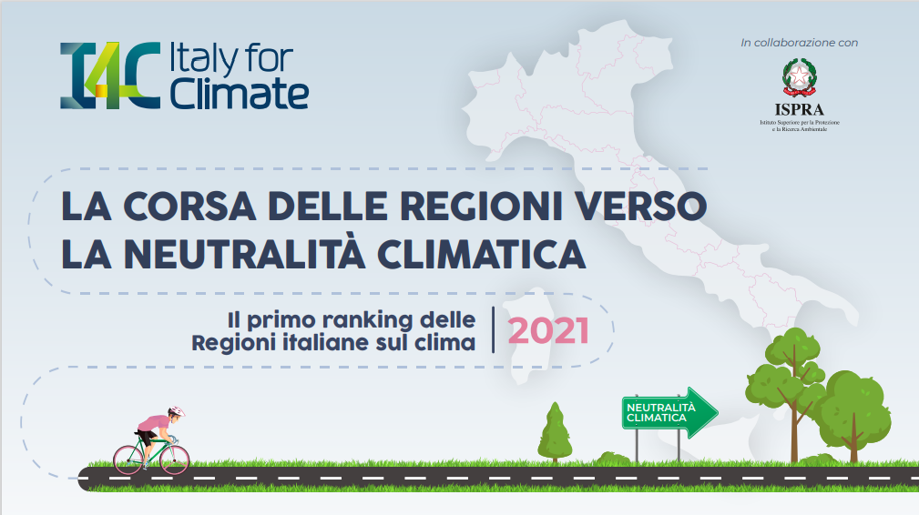 L'immagine è la copertina del report del 2021 di Italy for Climate (I4C) sulla neutralità climatica in Italia