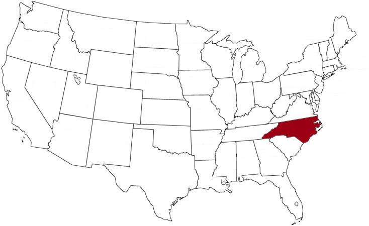 Il North Carolina evidenziato nella mappa degli Stati Uniti