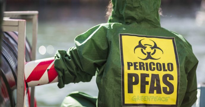 Una persona di spalle con un cartello sulla schiena che riporta la scritta "Pericolo PFAS - Greenpeace" e il simboli dei rifiuti tossici