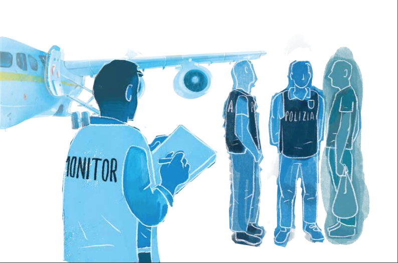 Disegno: La persona addetta al monitoraggio dei rimpatri forzati osserva due agenti della polizia parlare con un uomo, c'è un aereo sullo sfondo
