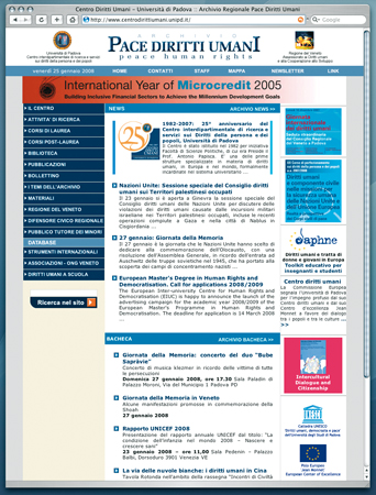 Homepage della precedente versione del sito web "Archivio Pace Diritti Umani", in linea fino al 2009