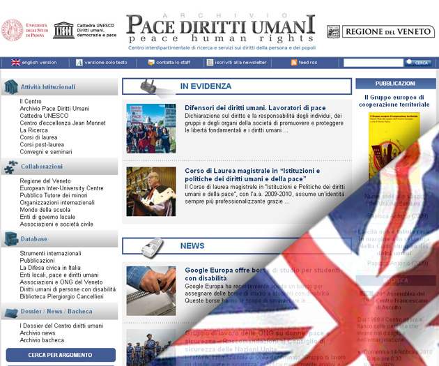 Una istantanea dalla homepage del sito in italiano con una bandiera inglese sovrapposto sull'angolo in basso a destra