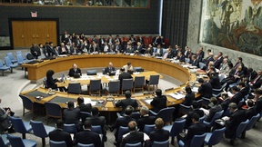 A session of the UN Security Council (2009), the participants seated around a circular table.