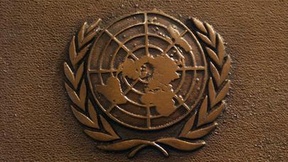 The official logo for UN constituted by the polar stereographic projection of the globe surrounded by two laurel branches