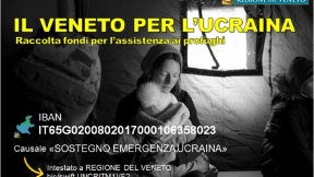 Locandina della racconta fondi "Il Veneto per l'Ucraina" raffigurante una madre che tiene in braccio il figlio