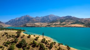 Panoramic view of Lake Charvak, a huge artificial reservoir created by erecting a stone dam on the Chirchiq River - 
Uzbekistan, Mountain, Tourist, Nature, Camping