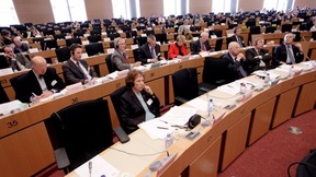 Antonio Papisca ed altri relatori all'udienza conoscitiva al Parlamento europeo per l'adesione dell'Unione Europea alla Convenzione europea dei diritti umani, Strasburgo, 18 marzo 2010.