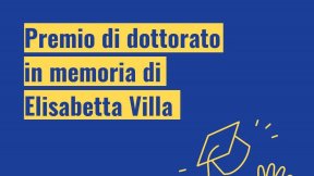 Su sfondo blu, scritta gialla "Premio di dottorato in memoria di Elisabetta Villa", c'è un disegno stilizzato di una mano che lancia in aria il cappello di laurea