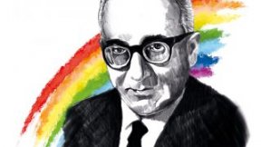 Immagine di Aldo Capitini con alle spalle i colori dell'arcobaleno, simboleggianti i colori della pace